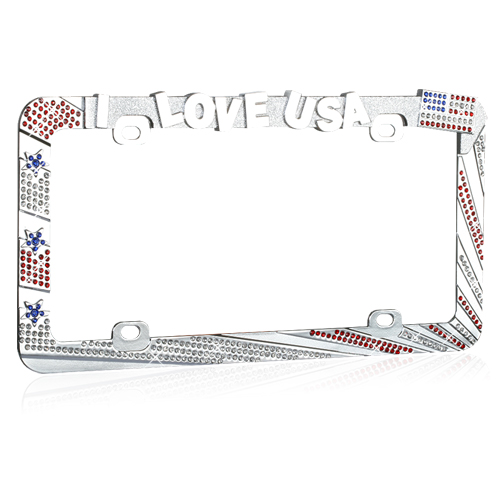 "I LOVE USA" Chrome Metal License Plate Frame with Red, Blue and Clear Crystals
